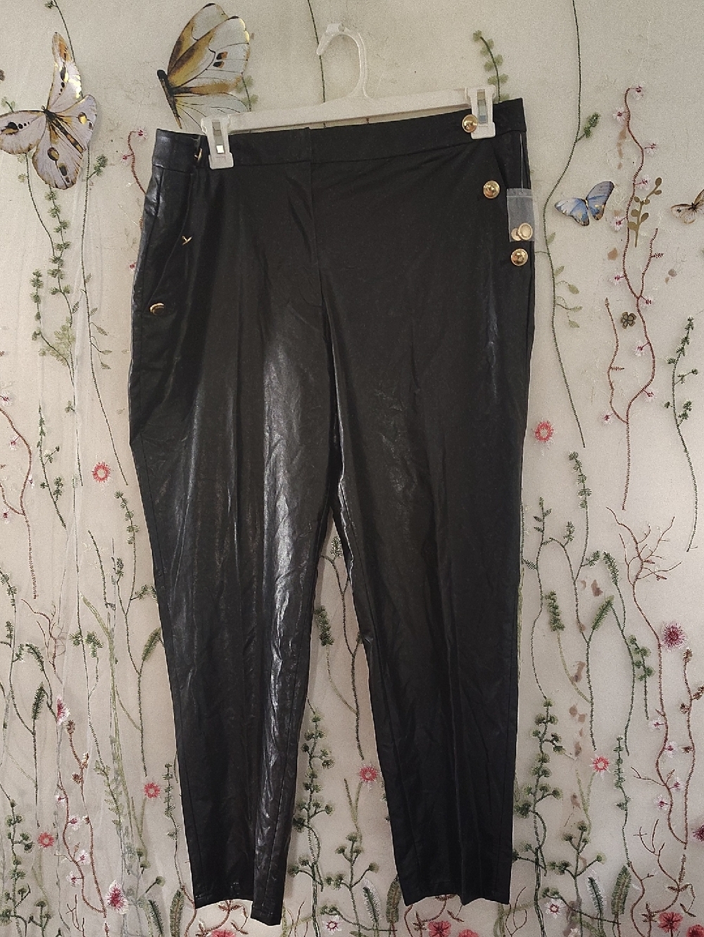 Michael Kors Black Faux Leather Cropped Pants with Gold Buttons